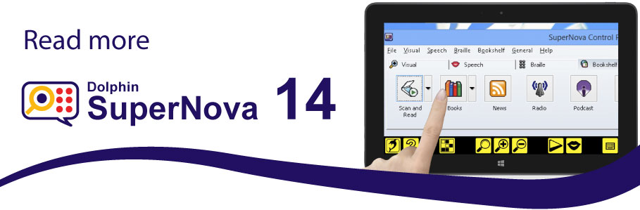 SuperNova Bookshelf tab displayed on Windows tablet. Text reads 