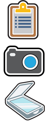 Clipboard, camera and scanner icons