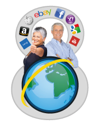 A globe, and two elderly people, one with her thumb up and the other with arms crossed looking confident. Behind them is a number 8, with icons representing different websites all around.