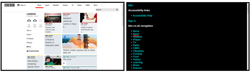 2 versions of the BBC website. One displaying the full website. The other displaying the website in text only mode.
