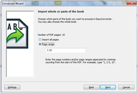 Image starts. Image of EasyConverter v5.05's import PDF options. Image ends.