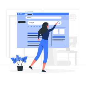 Illustration of a lady standing in front of a large web page, using the search function.