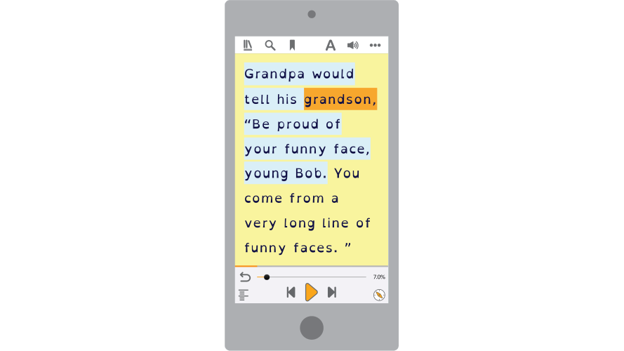 Reader showing black text on a yellow background with a light blue highlight.