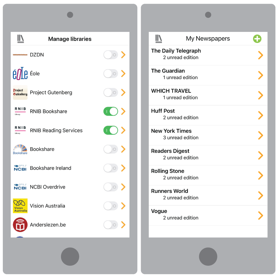 Manage Libraries UI and My Newspapers UI displayed on smartphone graphic.