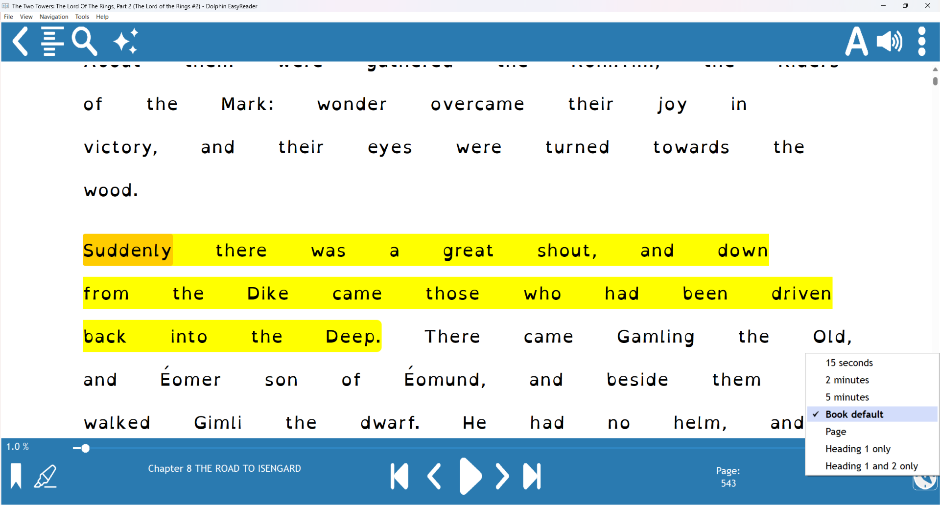 Flexible Navigations with menu shown on screen with sentence and read words highlighted