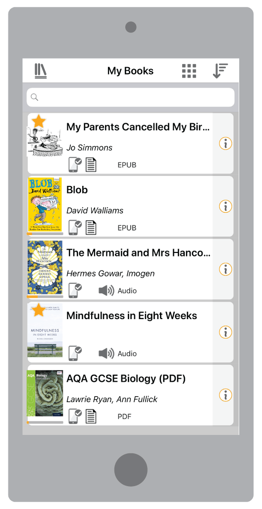 Smartphone with My Books UI onscreen.