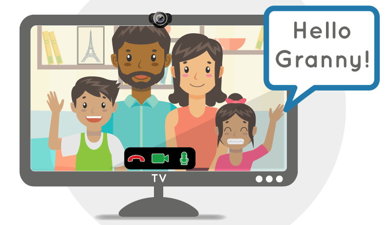 Illustration of a family on a video call - speech bubble says 'hello granny'