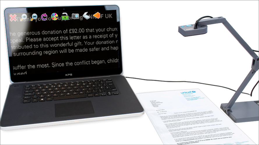 Picture of Connect and View. Documents with a camera, magnified on laptop screen