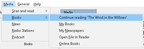 The books submenu with continue reading highlighted