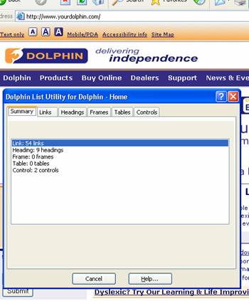 A screenshot of the Dolphin list utility on the summary tab sheet. The dialog contents reads Link: 54 links, Heading: 9 Headings, Frame: 0 Frames, Table: 0 tables, Control: 2 Controls