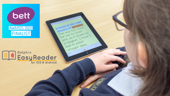 EasyReader on a tablet being used by a student. BETT awards 2020 finalist.