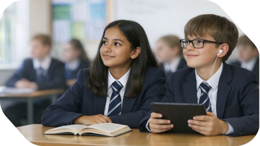 Year 8 students in class, reading. Two young people are looking up at the teacher, confident and ready to answer a question - one has an ipad and one a paperback book.  (AI generated)