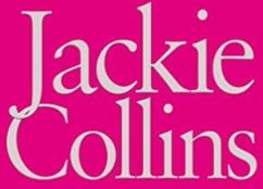 Jackie Collins white text on bright pink background