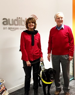Joanne Roberts with Nicholas Parsons and guide dog Uska at the Audible offices