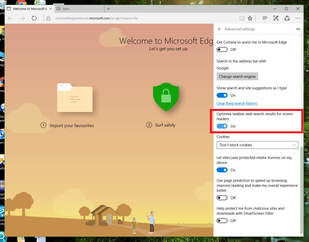 Screenshot of Microsoft Edge browser with setting options