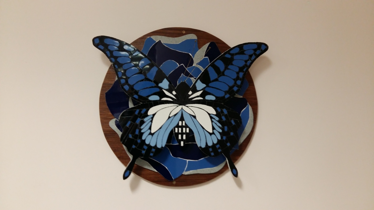 Blue 3D ceramin mosaic butterfly, made by a member