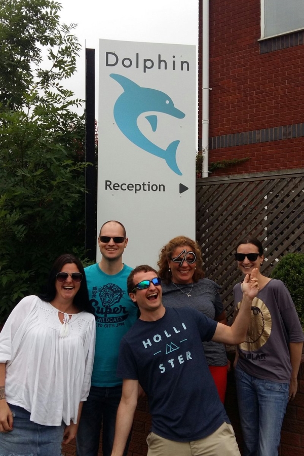 L-R: Kelly, Simon, Callum, Hazel and Sarah outside Dolphin head office
