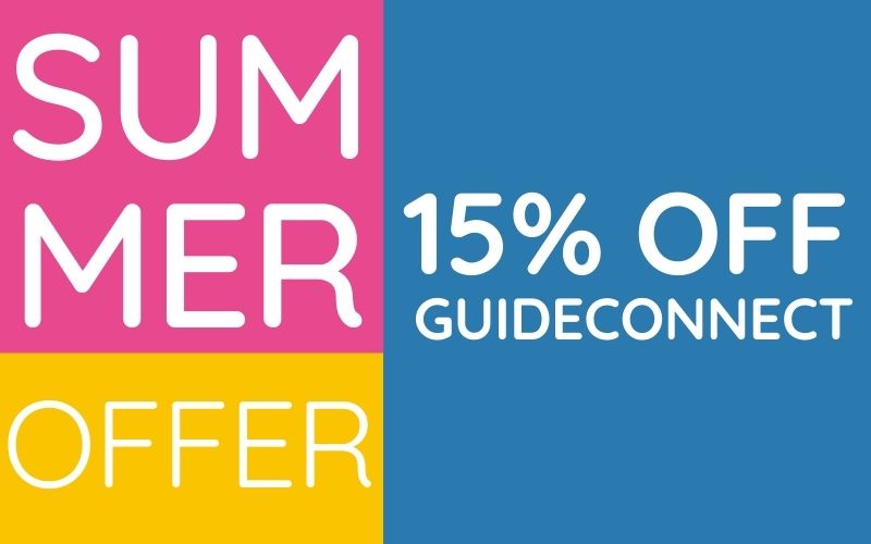 Graphic says Summer Offer - 15% off GuideConnect - in white text on pink, yellow and blue backgrounds