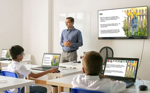 In class, a teacher stands in front of classroom whiteboard and the content is displayed with SuperNova magnification features on a student's laptop