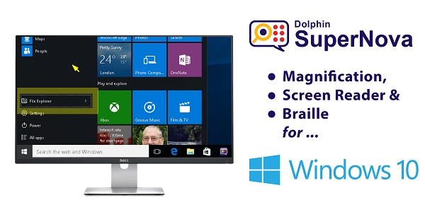 Windows 10 logo and SuperNova magnifying the Windows 10 Start Menu