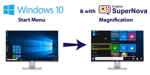 2 identiacal monitors.  The 1st showing the WIndows 10 start menu.  The 2nd shows the same Start menu magnified by SuperNova.