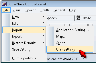 The Import, User Settings option in the Control Panel.