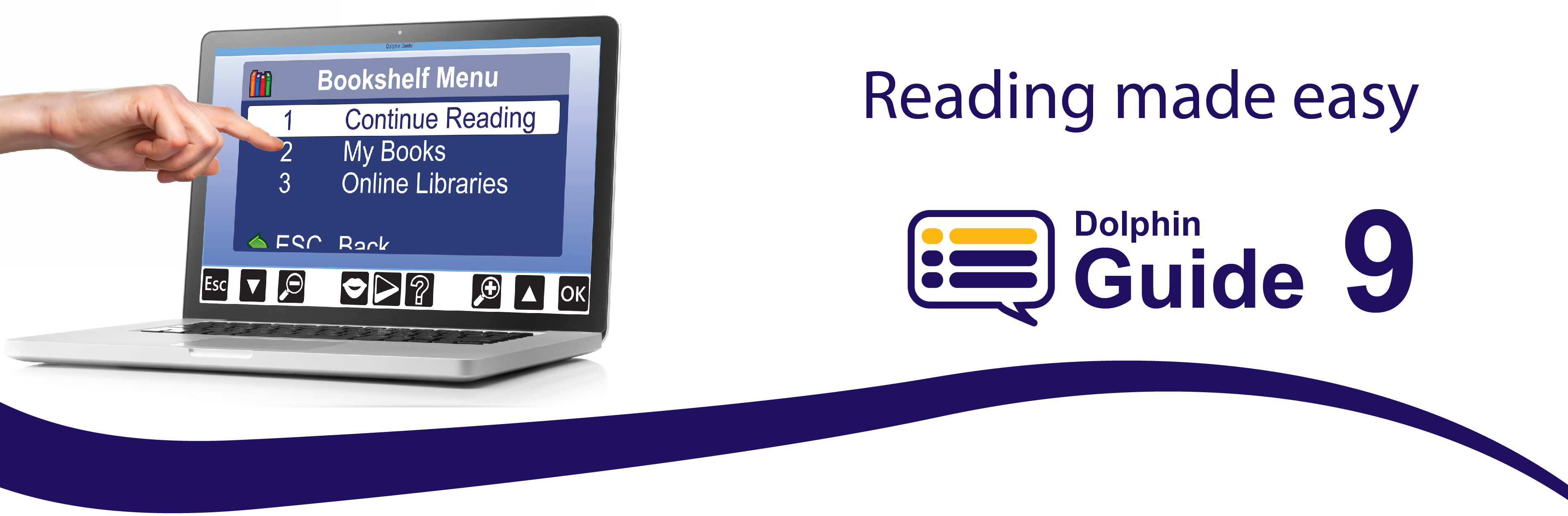 Guide Bookshelf menu displayed on a touch screen with keyboard. Text reads "Reading made easy" with Guide 9